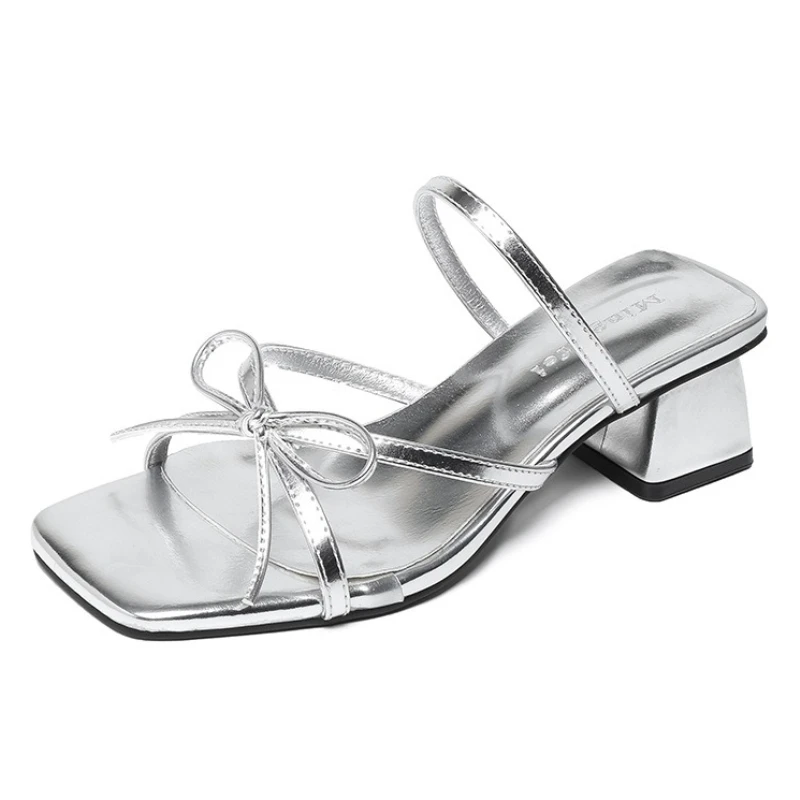 

Luxury med-high heels bowtie women sandals silver leather summer shoes sexy narrow band big size 43