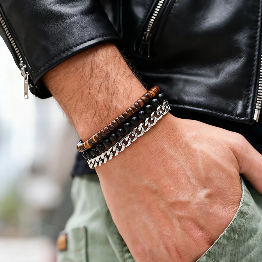 Hiphop Rock 3 Teile/satz Kubanischen Kette Armband Für Männer Natürliche Kokosnuss Perlen Strang Armband Street Party Vielseitig Zubehör Homme