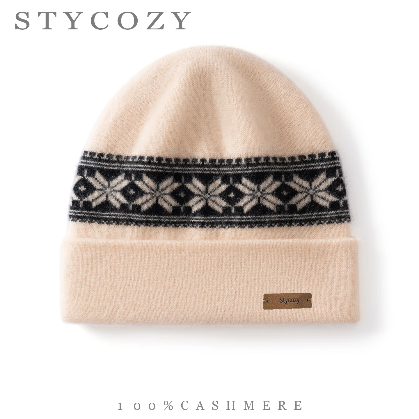 100% Cashmere Fair Isle Jacquard Knitted Beanie Hat Men Women  Nordic Snowflake Pattern Cuff Winter Warm Leather Label Skull Cap