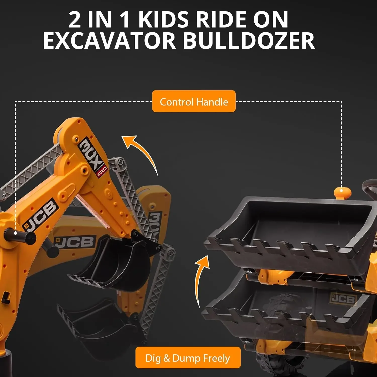 4 in 1 Ride on Excavator, 12V Licensed JCB Excavator Ride on Toy with Remote Control, Front Loader, Horn and EVA Tires