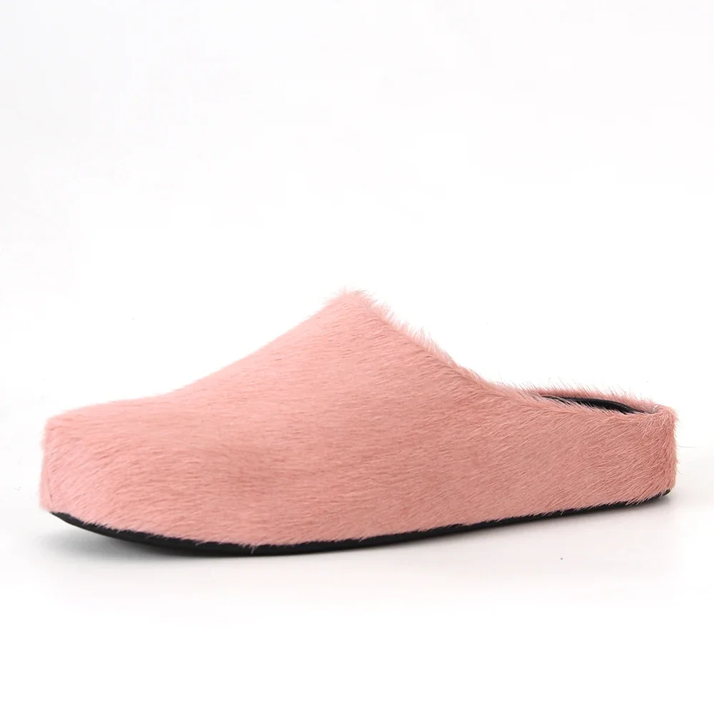 

Women Horse Hair Shoes Fur Mules Flat Slippers 2024 Spring Autumn Fashion Slides Thick Sole Casual Comfortable Men Flat Slippers