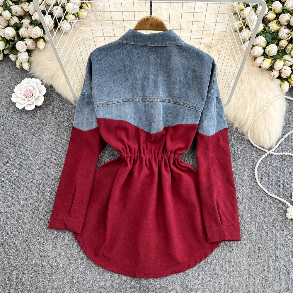 Autumn Women's Clothes Denim Patchwork Long Shirt Tops Long Sleeve Turn-down Collar Single Breasted Slim Waist Jeans Blouse