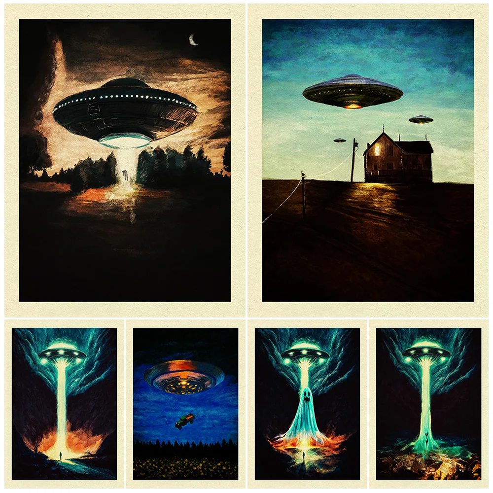 

Alien Spaceship Over The Farm,Vintage Wall Art Canvas Painting Mysterious UFO,Surreal Fantasy Art Poster Print Home Decoration