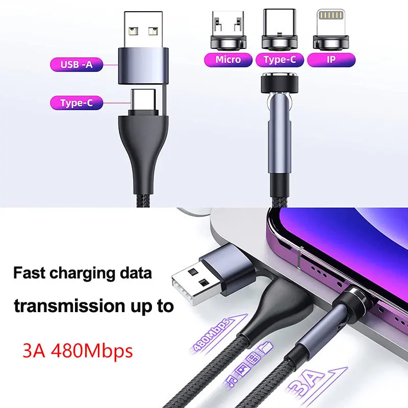 Magnetic Cable 3A Fast Charging Micro USB Type C Wire Cord For iPhone Xiaomi Redmi Huawei Samsung Oneplus 540 Rotate USB C Cable