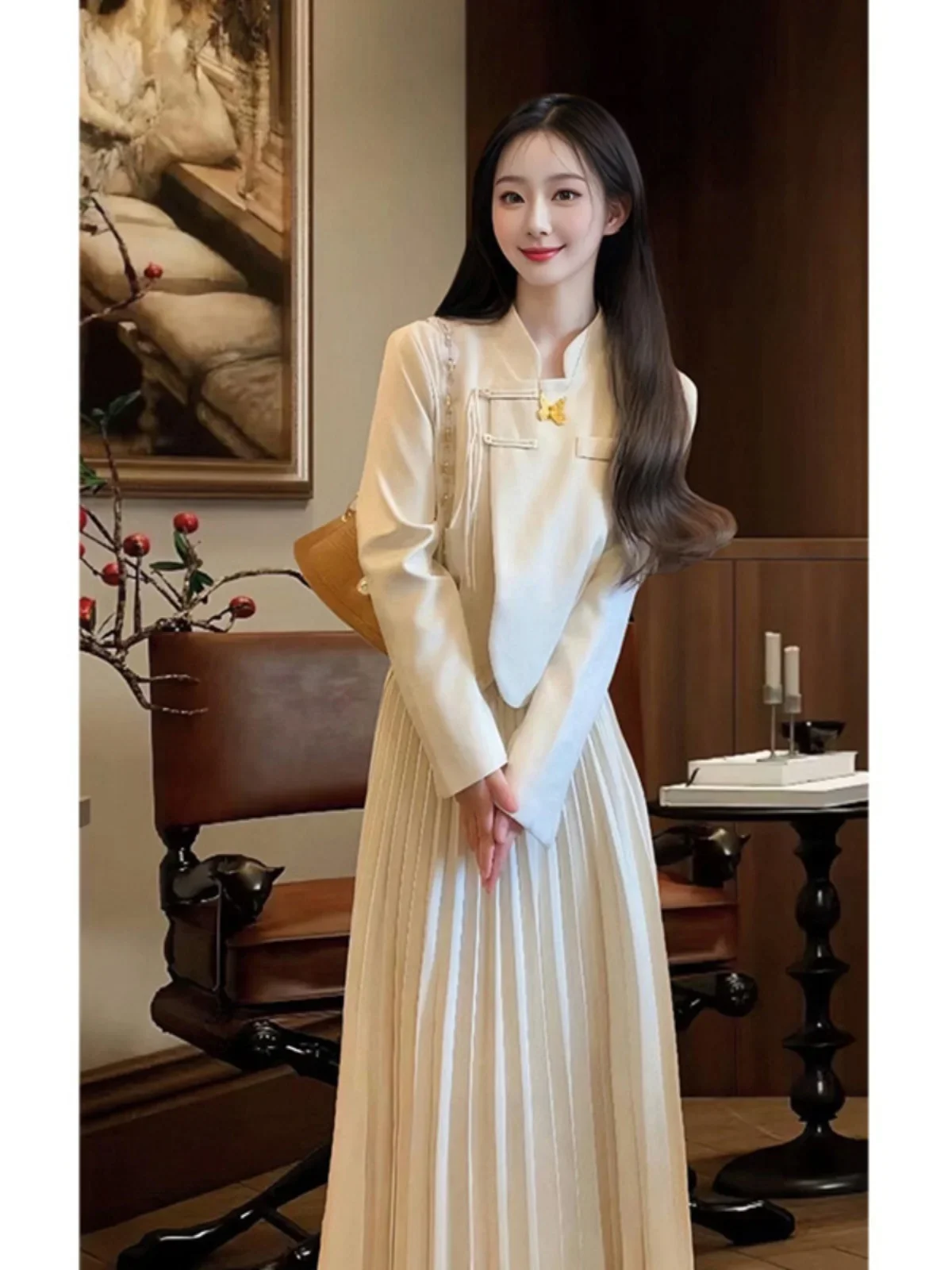 

New Chinese temperament retro white suit women's clothing autumn and winter national style buckle two-piece set