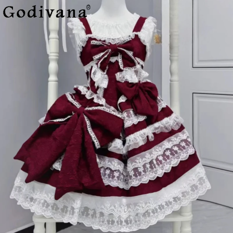 

Spring Summer Elegant Lolita Heavy Industry Jsk Princess Suspender Dress Fashion Girl Temperament Slash Neck Cake Fairy Dresses