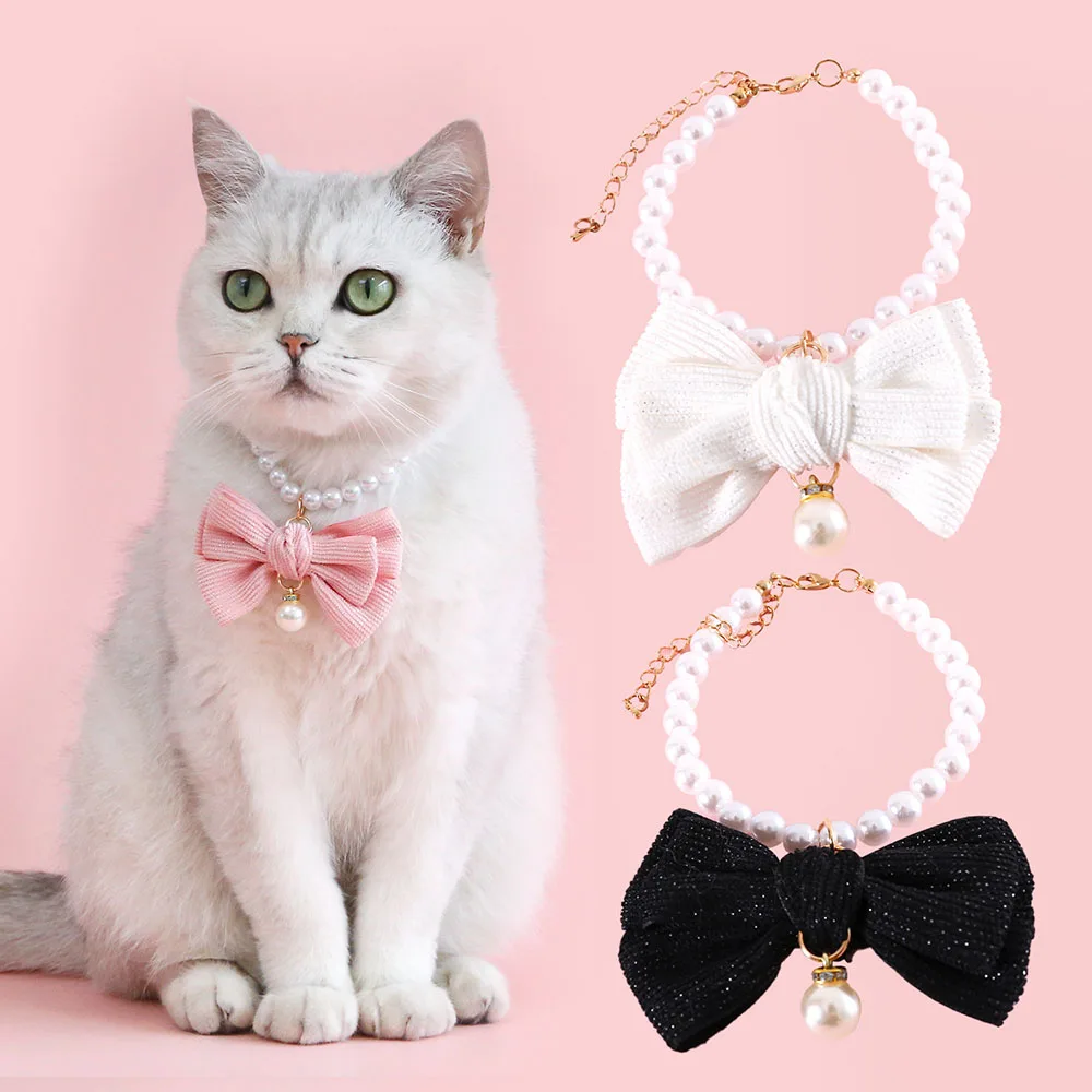 Dog Cat Pearls Necklace Collar with Bling Accessories Adjustable Cute Bowtie Pet Puppy Jewelry for Female Dogs Cat Small Animals