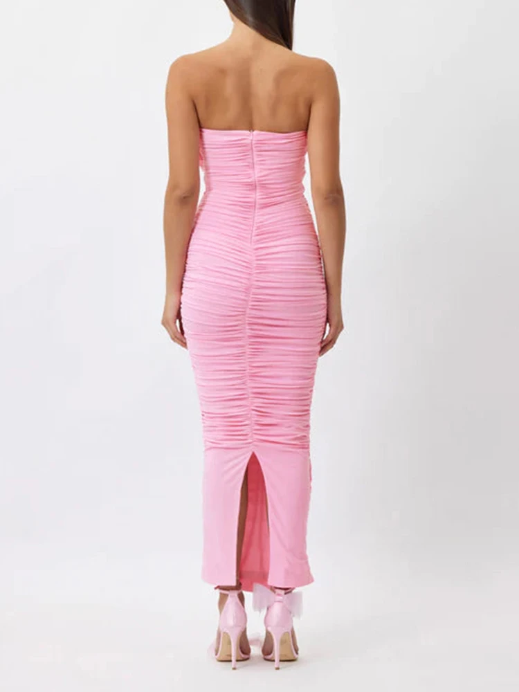 2024 New Rose Detail Bandeau Sleeveless Ruched Slit Party Bodycon Dress Chic Slight Stretch