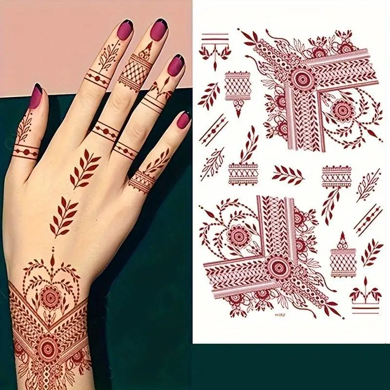 ملصقات وشم الحناء المقاومة للماء للنساء على شكل زهرة حمراء وشم مزيف لليد وشم مؤقت لمهرجان حفلات الزفاف