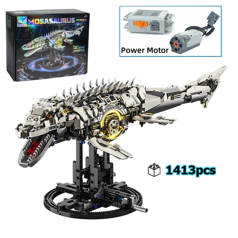 

1413PCS Technic Dinosaur Building Blocks Mosasaurus Model Kit With Light Up Moving Joints Ocean Animal Decor STEM Gift