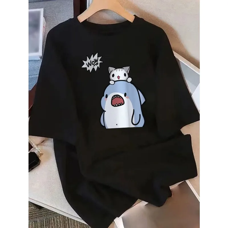 

Women's Cute Cartoon Cat Shark Graphic with Playful 'WOW!' Text Breathable Round Neck Short Sleeve Tee Harajuku Sleeve Casual