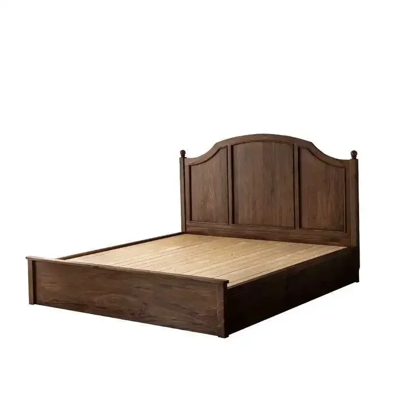 Full solid wood storage bed North American black walnut French retro high backrest light luxury bed double bed