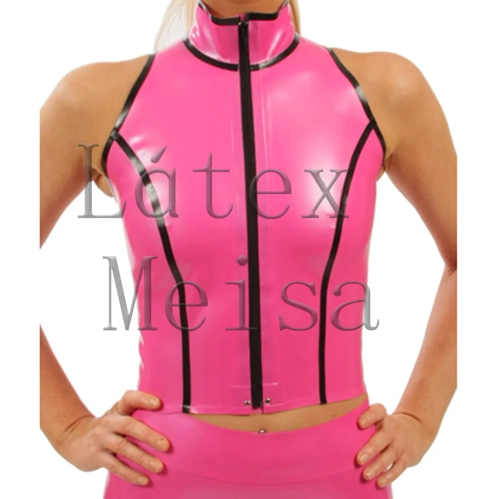 

Handmade tank tops women's vest with 100% natural latex materials main in pink with black trim colors