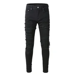 Men's Distressed High Streetwear Stretch Skinny Ribs Patches Holes Repaired Black Ripped Jeans Men
