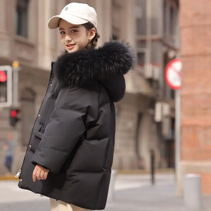 Children Real Fur Collar Thicker Down Jacket Winter New Hooded Princess Fashion Outerwear Kids Warm Down Coats 6-14 Years Wz1281