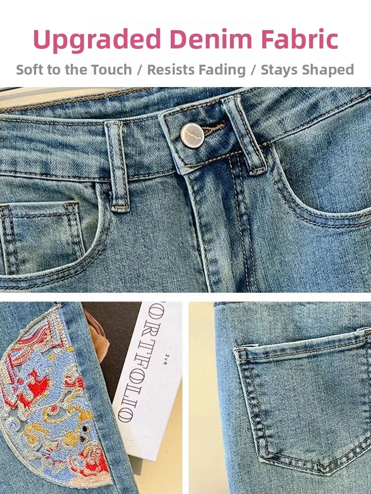 High Waist Elastic Embroidered Micro Flare Jeans Women's New Chinese Sle National Trend Spring Summer 2024 Casual Pants