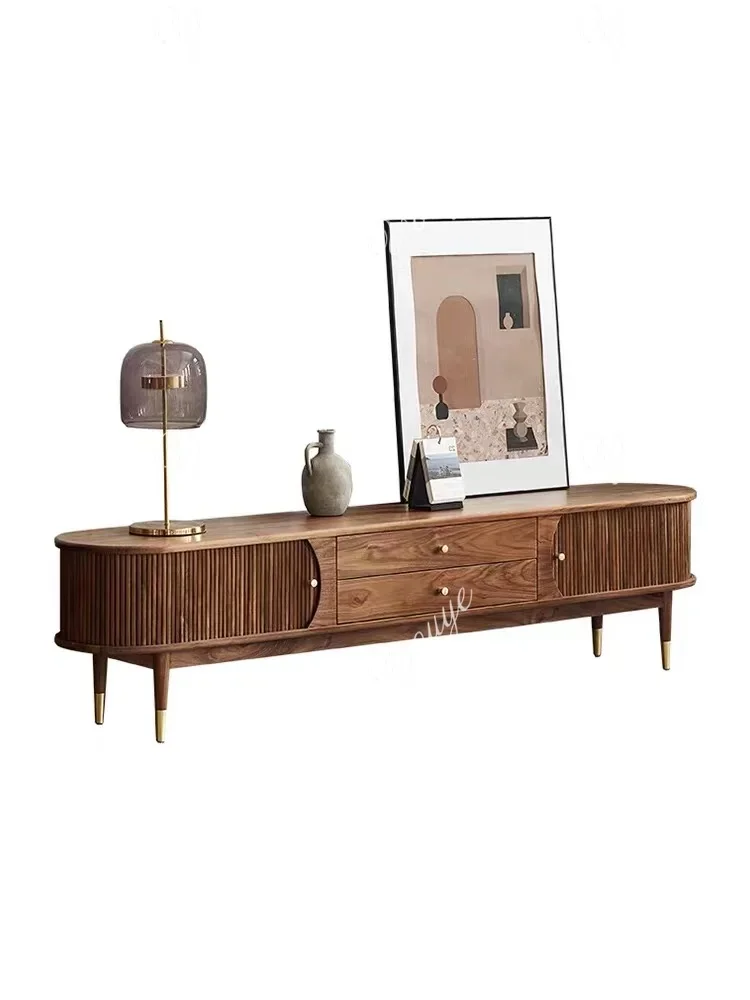 خزانة تلفزيون من الخشب الصلب Y Nordic، لون الجوز الأسود، طراز متوسط وقديم، خزانة تلفزيون بسيطة وحديثة #5