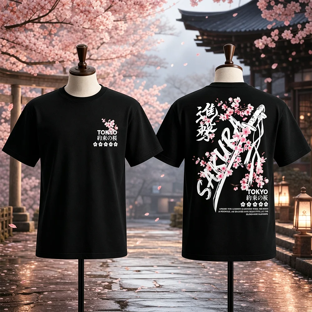 Unisex Summer T-shirt Purple Flower Samurai Sword Pattern Daily Wear Versatile Parent-Child Suitable Casual Breathable Top