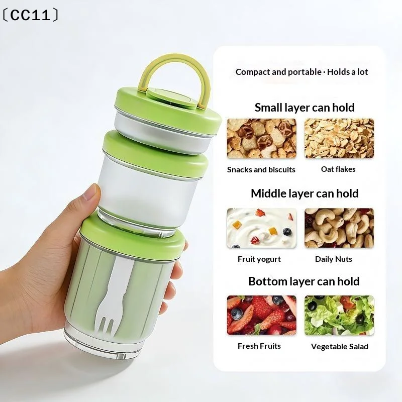 Leak-Proof Double-layer Fruit Salad Cup Draining Folding Handle Breakfast Cup Plastic Fresh-keeping  Storage Jar School〔CC11〕