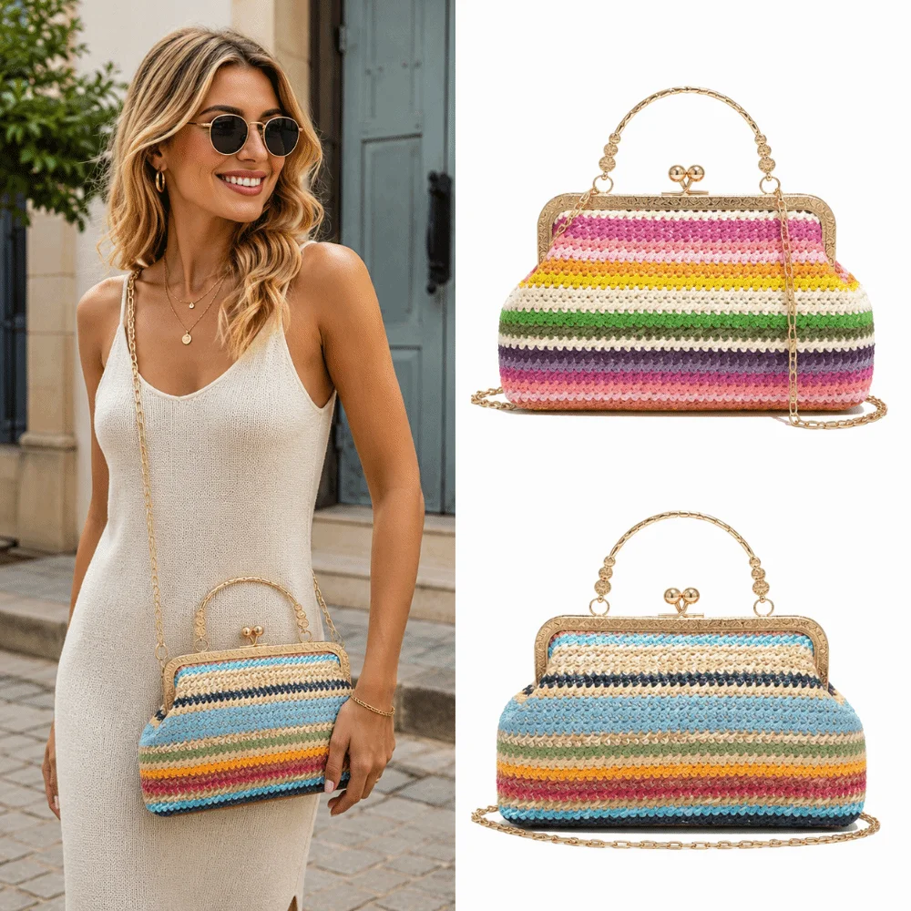Rainbow Striped Straw Woven Handbag Metal Handle Kiss Lock Closure Women Shoulder Bag Chain Strap Large Capacity Crossbody Bag