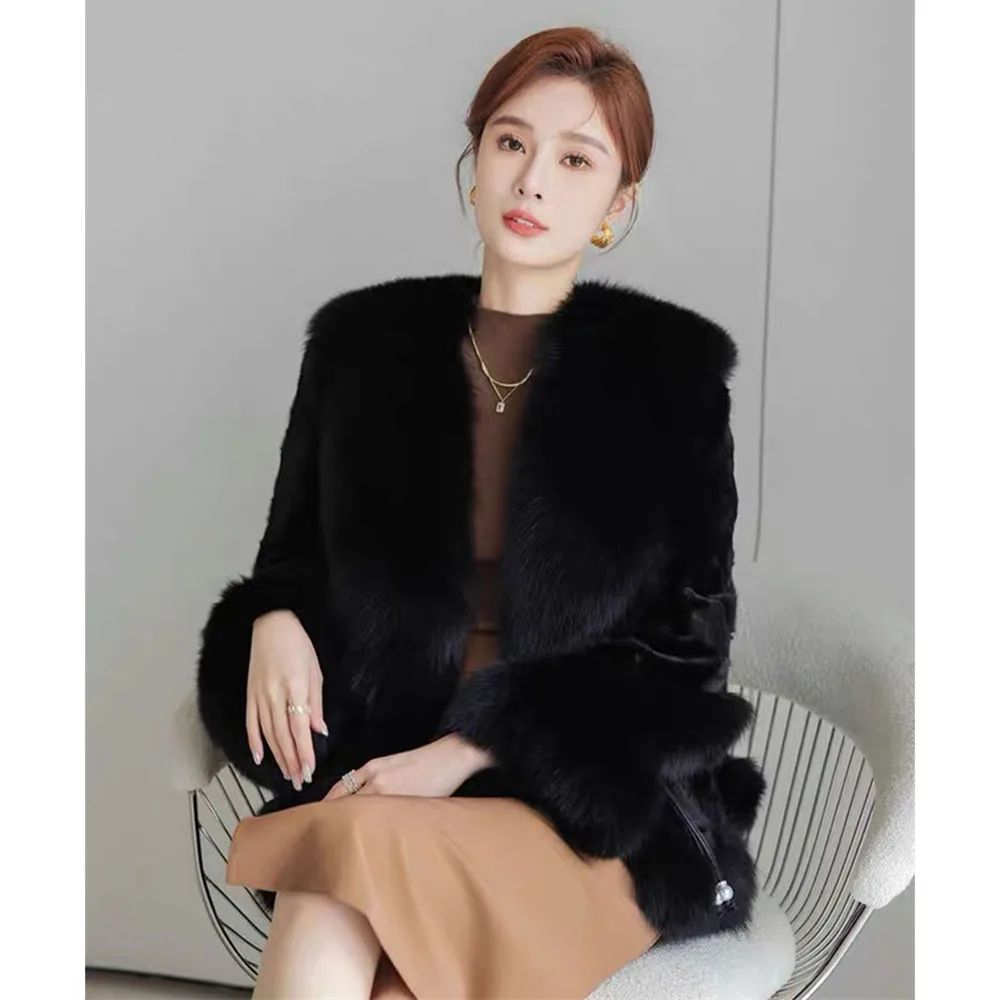 High-End Nachahmung Nerz Pelzmantel Frauen Herbst Winter Fuchs Pelz Farbe Verdicken Warme Pelz Jacke Edle Damen Schwarz Mantel