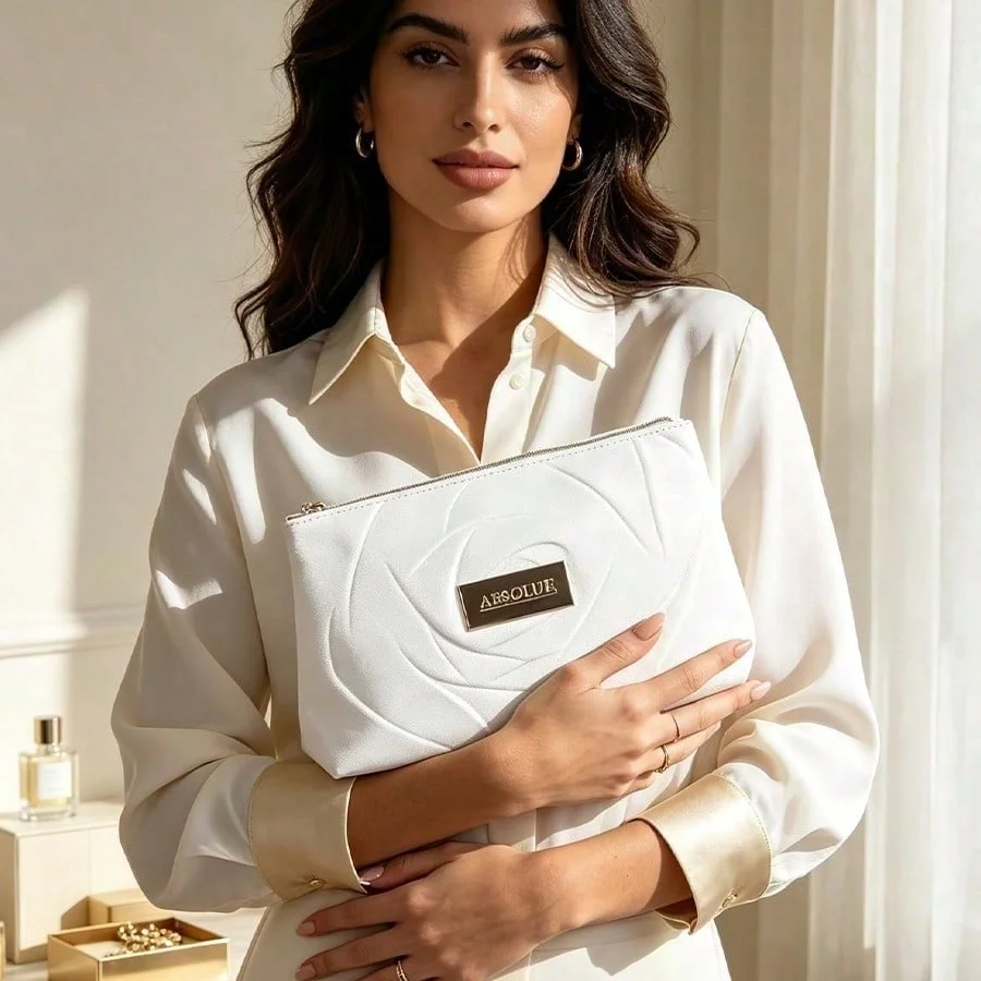 Lancome White Faux Leather Rose‑Embossed Cosmetic Pouch With Metal Logo Plate, Portable Durable Travel Bag for Daily & Gift