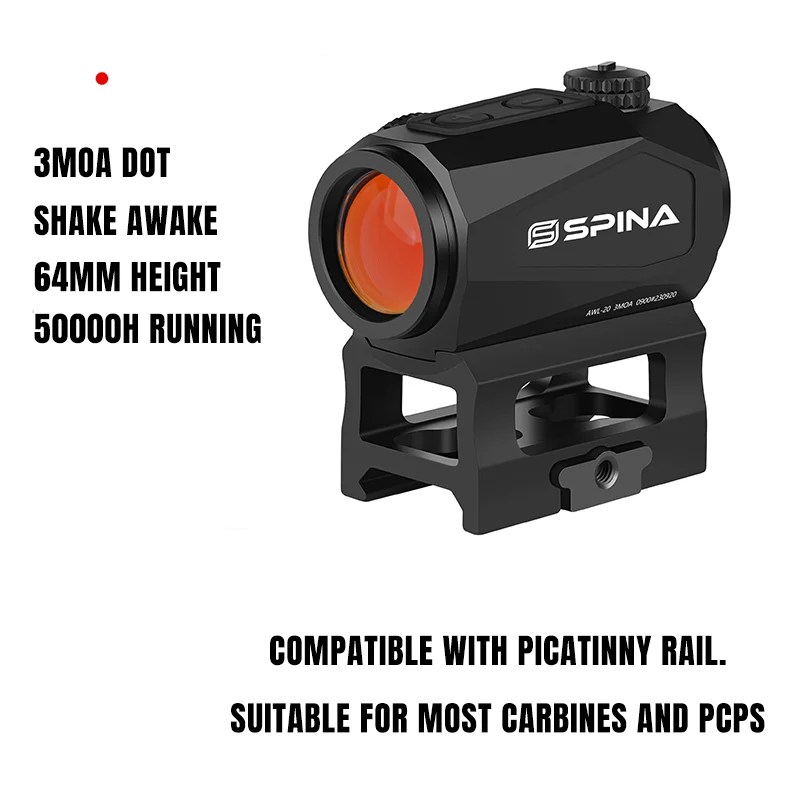 SPINA OPTICS Picatinny-Schiene Rotpunktvisier mit Solarbetrieb und Schüttelaktivierung, Passend für AR-Karabiner/PCP/Shotguns 22LR 5.56.223 7.62 12 GAUGE 9