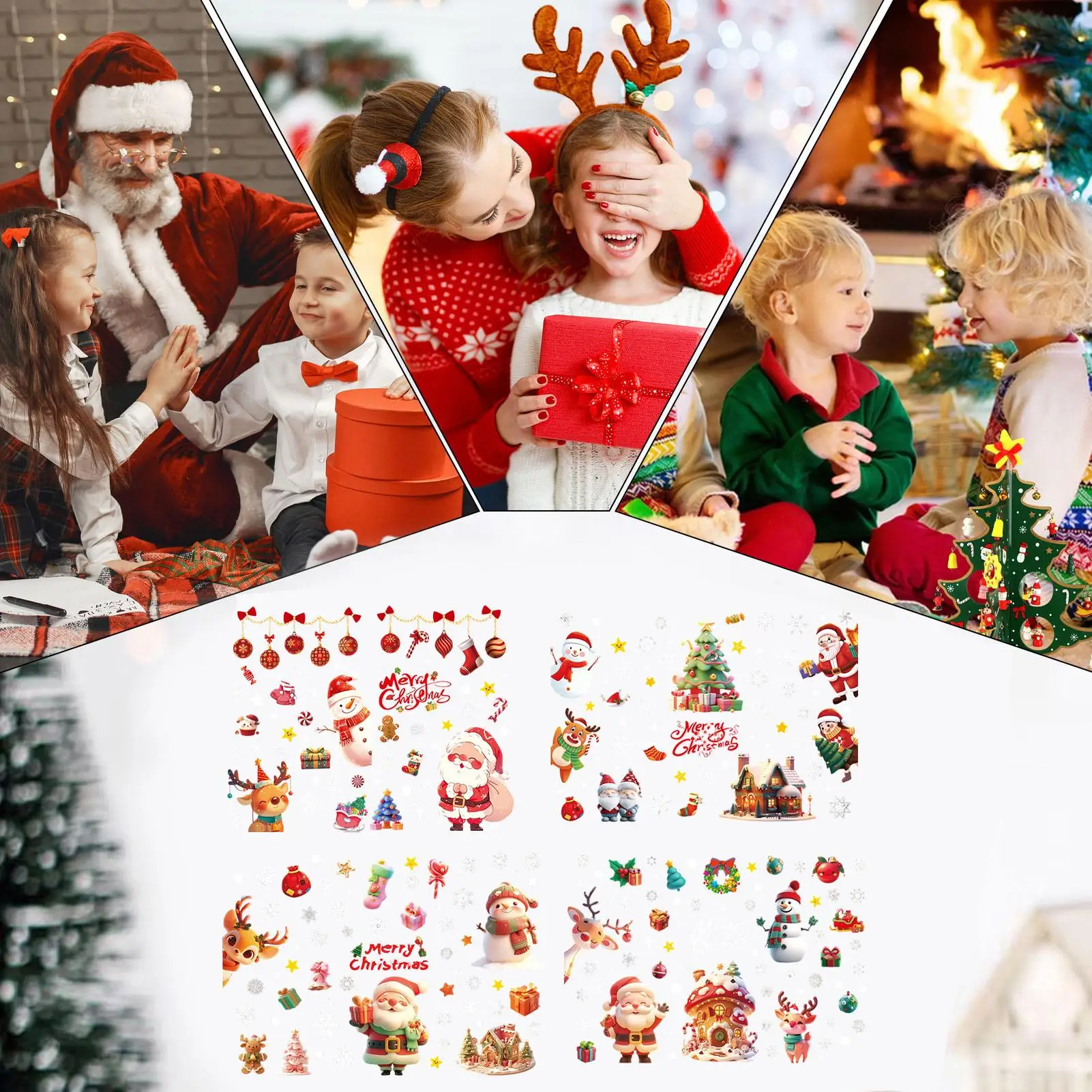 Winter Window Clings 4 Sheet Reusable Glass Santa Snowman Elk Stickers Christmas Wall Glass Clings For Winter Home Party Outdoor
