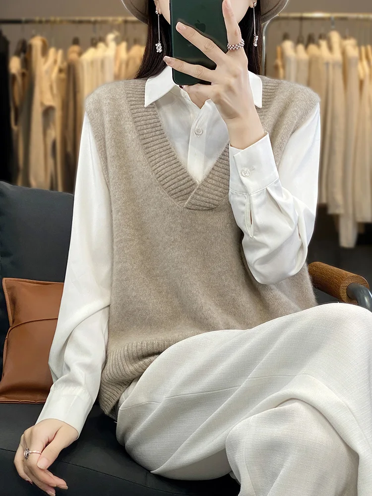 100% 캐시미어 조끼 조끼 여성 V 넥 민소매 니트 숄 캐시미어 스웨터 겨울