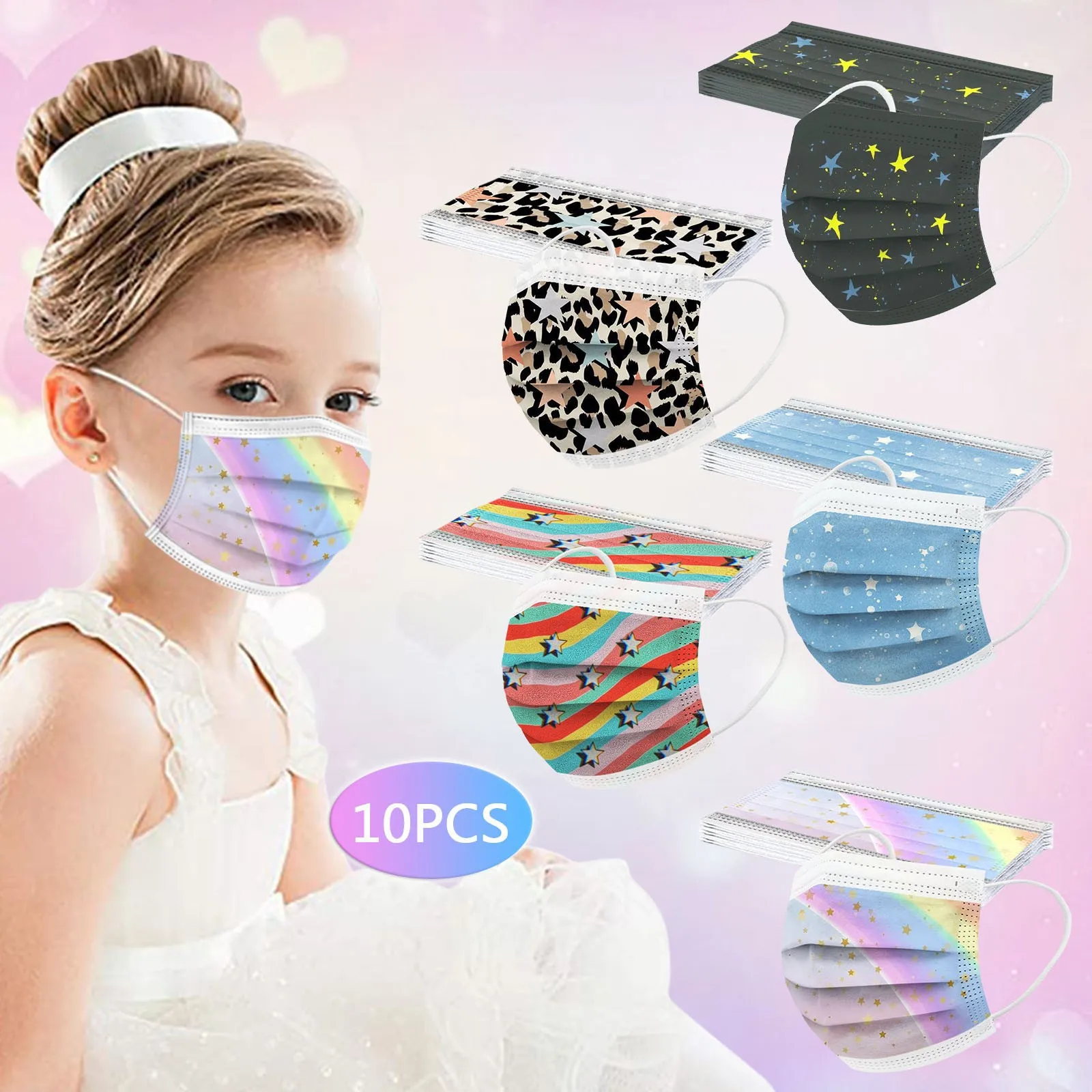 Colorful Print Mask Kids 10pcs Pack Protective Face Mask Breathable Disposable Cover Disposable Protection Cover Girls Boys T1