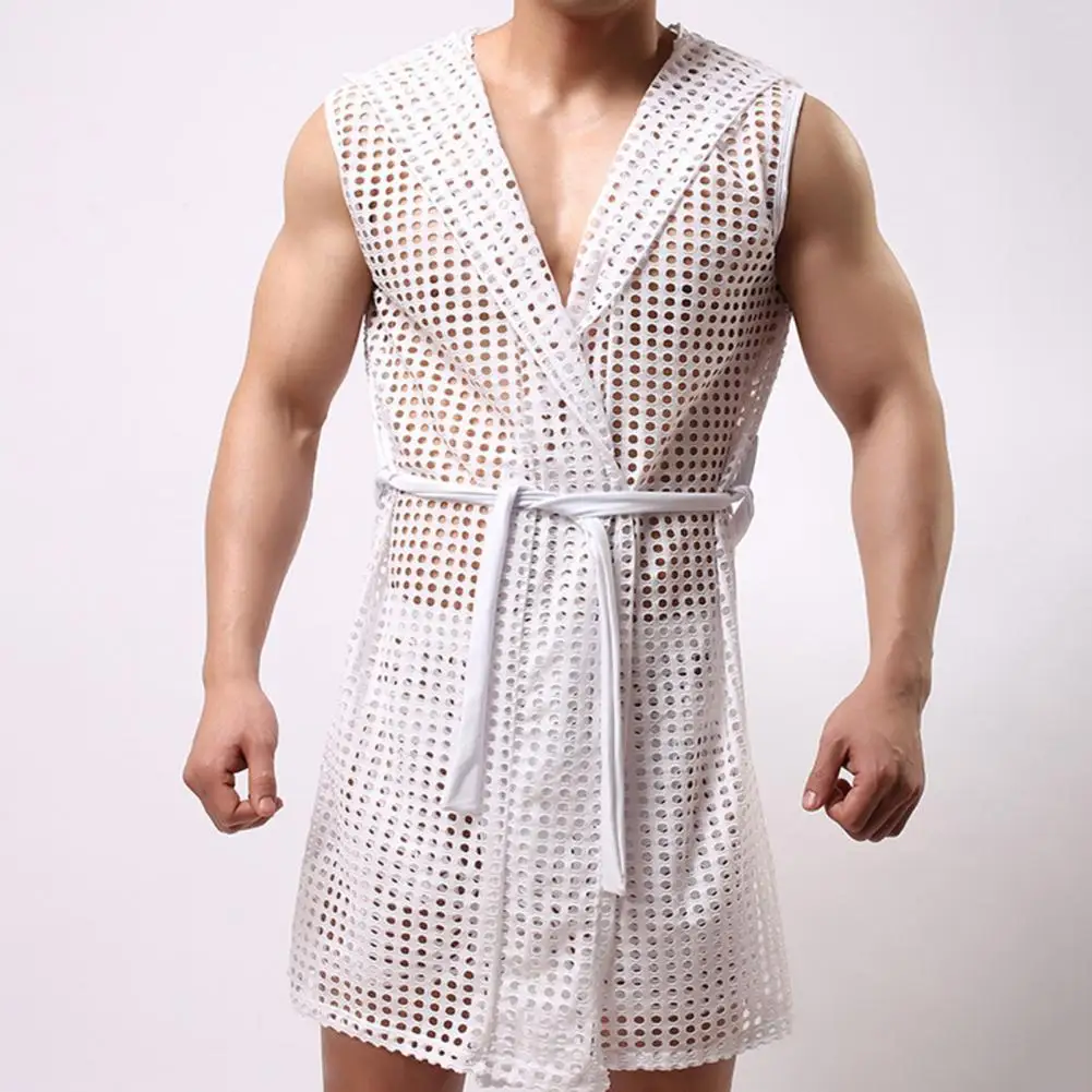 Mannen Nachtkleding Trekkoord Trekkoord Nachtjapon Mannen Sexy Lace-up Mesh Nacht Gewaad Hollow Out Loungewear Zomer Sheer Mesh badjas