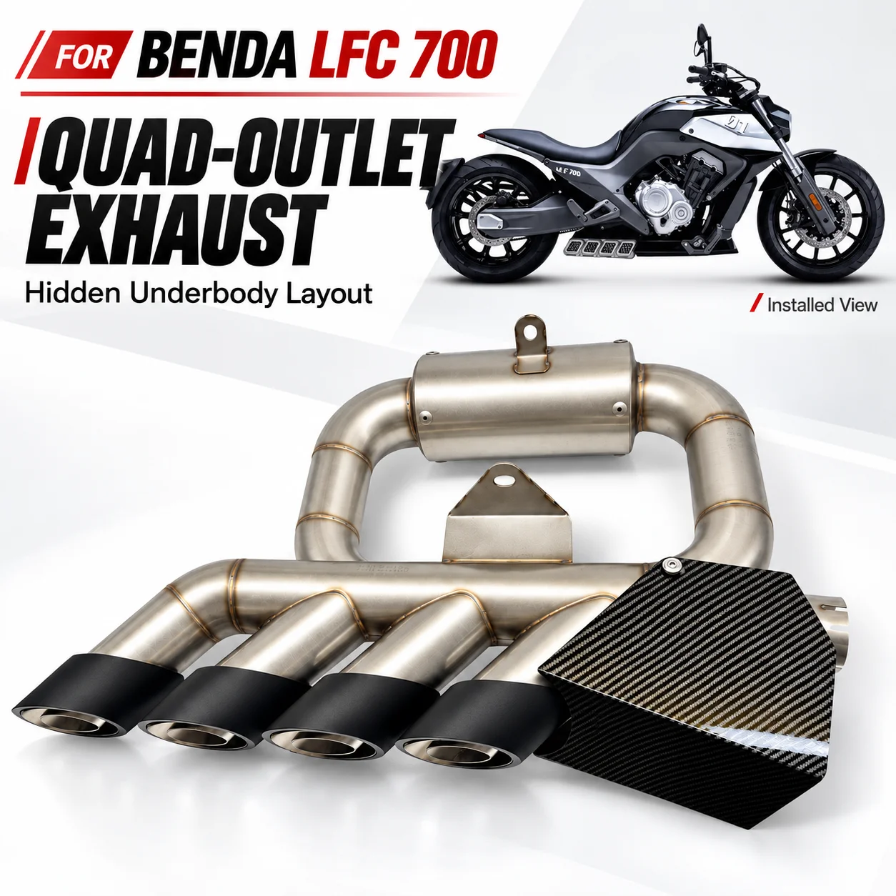 Modified Quad Exhaust System for BENDA LFC 700, LFC 700PRO Pro with Concealed Under-Exhaust Tailpipes.
