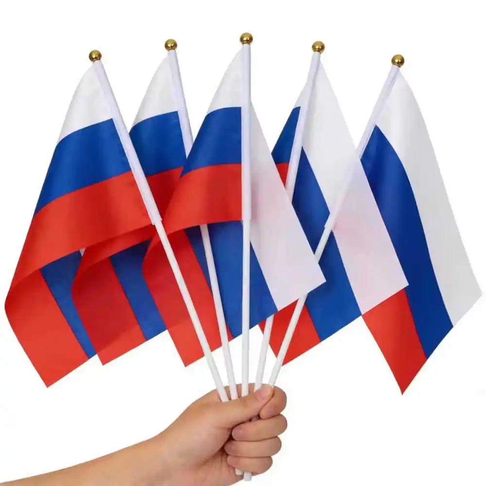 10 Piece Russian Flag Hand Held Mini Russia Flags Coat Of Arms Eagle 14x21cm Polyester Plastic Flagpoles Decoration Parades