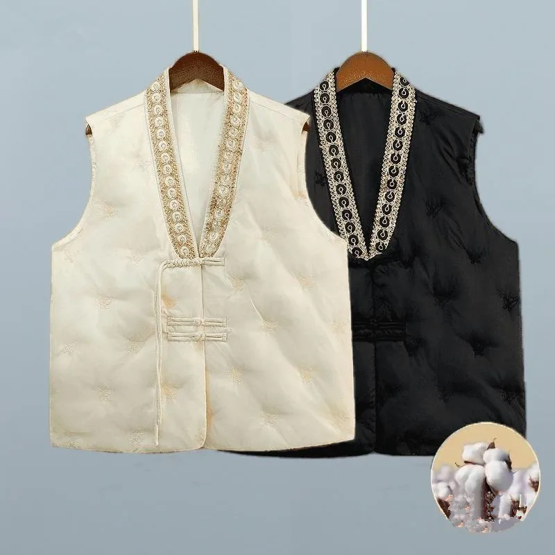 Autumn Winter Women Chinese Embroidered Cotton-Padded Waistcoat 2026 Female Vintage V-neck Knot Button Vest Thick Cotton Vest