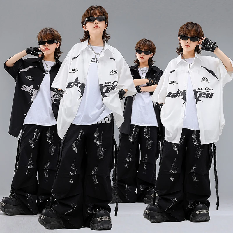 

Танцевальные костюмы в стиле хип-хоп для мальчиков, костюм для выступлений на сцене, белая рубашка большого размера, черные мешковатые брюки, джазовый наряд, уличная одежда VBH1994