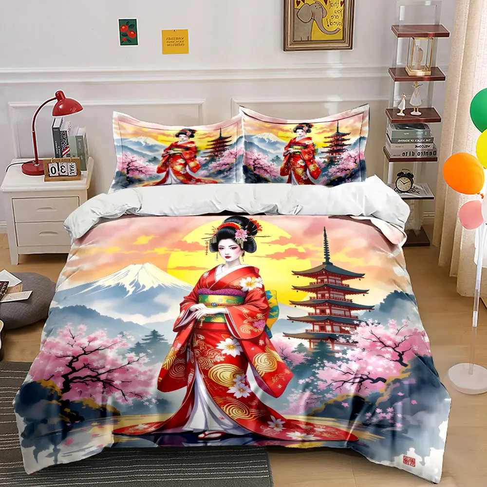 Japanese kimono woman cherry blossom Print Soft Comfortable Duvet Cover Bedding Set Included 1*Duvet Cover 2*Pillowcases