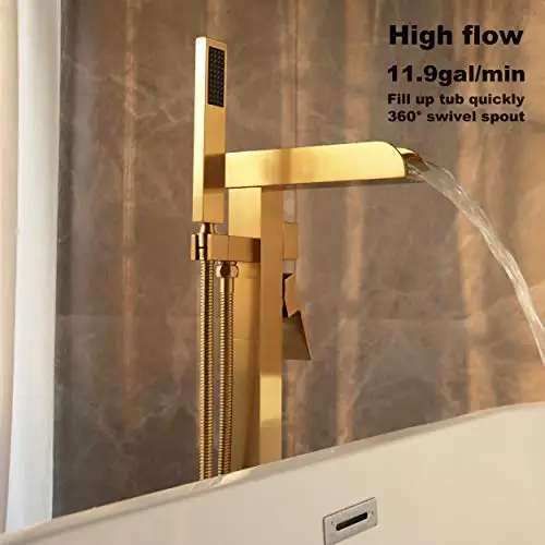 

Brushed Brass Freestanding Tub Filler With 360° Swivel Waterfall Spout And Hand Shower, 11.9 GPM High Flow