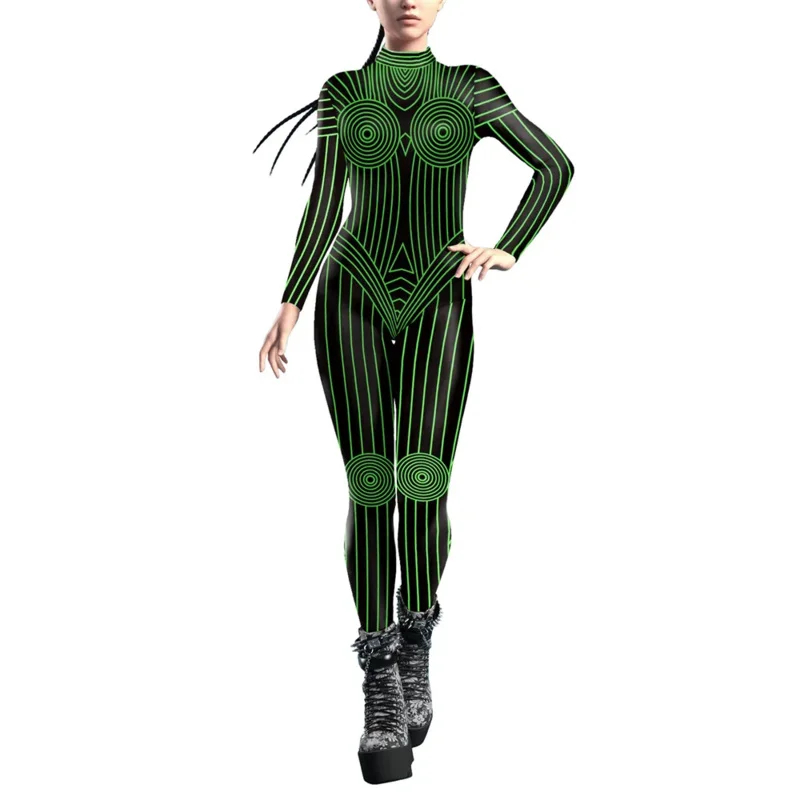 FCCEXIO Carnival Party Geometric Line 3D Print Women Sexy Skinny Jumpsuit Cosplay Costumes Fancy Slim Bodysuit 2023 Women Monkey