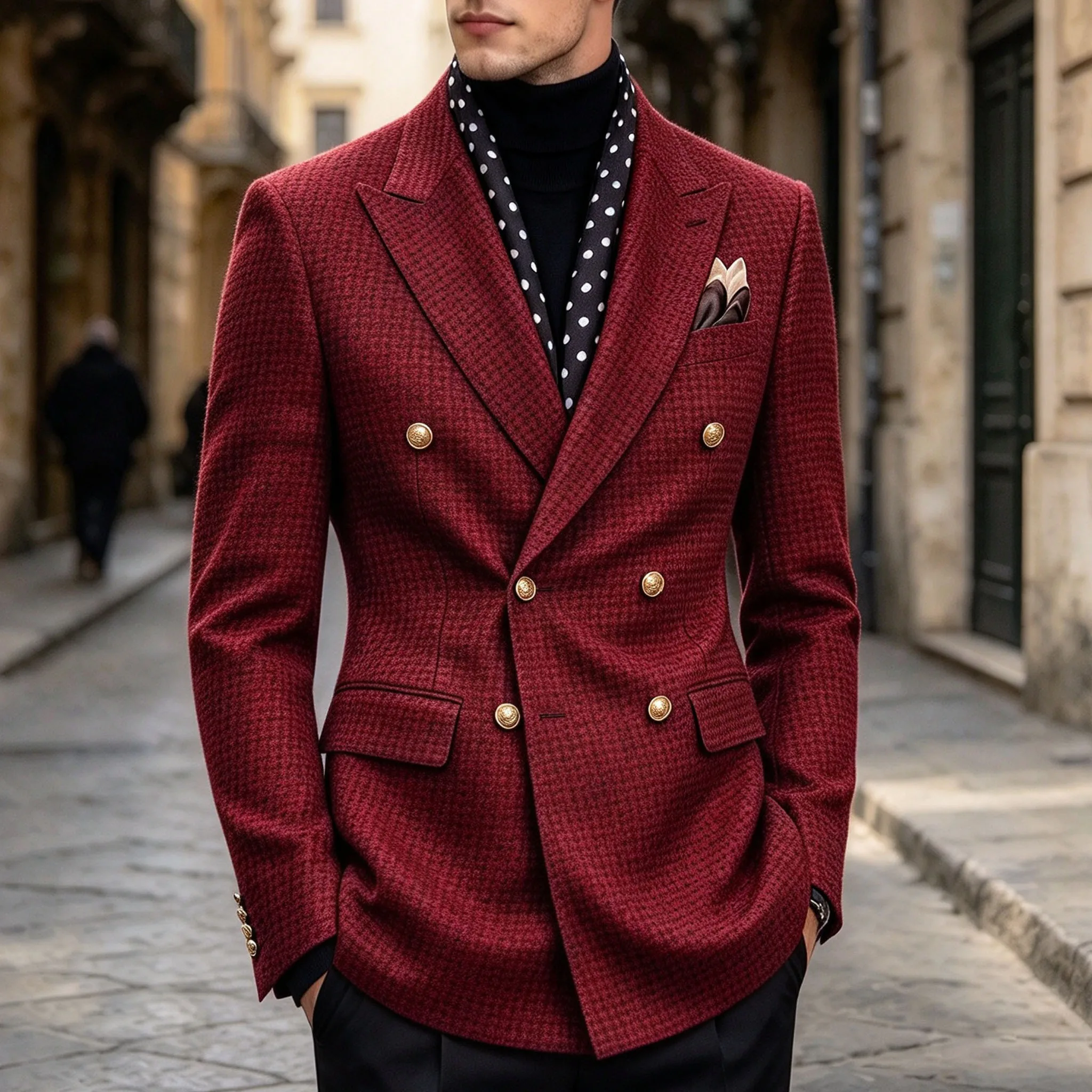 Men's Houndstooth Suit Blazer Double Breasted Peak Lapel Gold Button Italian Style Formal Tuxedo Jacket Wedding Prom Business Ca