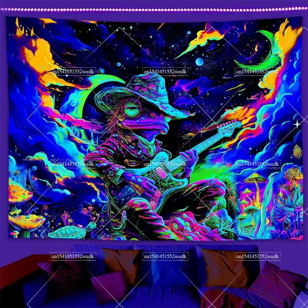 Funny Space Frog Mushroom Blacklight Tapestry UV Reactive Universe Black Light Decor Glow In The Dark Tapestries Wall Hanging