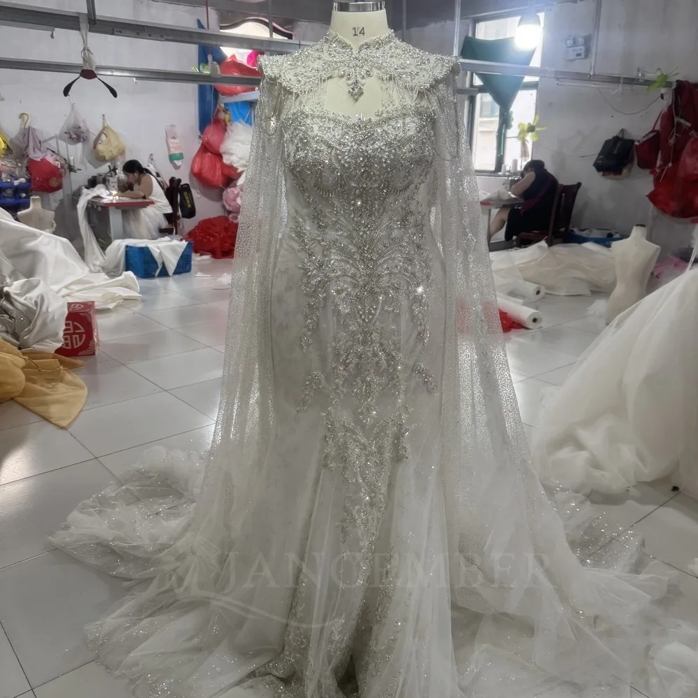 Customized Large Pearl Wedding Dress With Shawl Lace Mermaid Sleeveless Court Train Corset Bridal Gown Vestidos De Novia