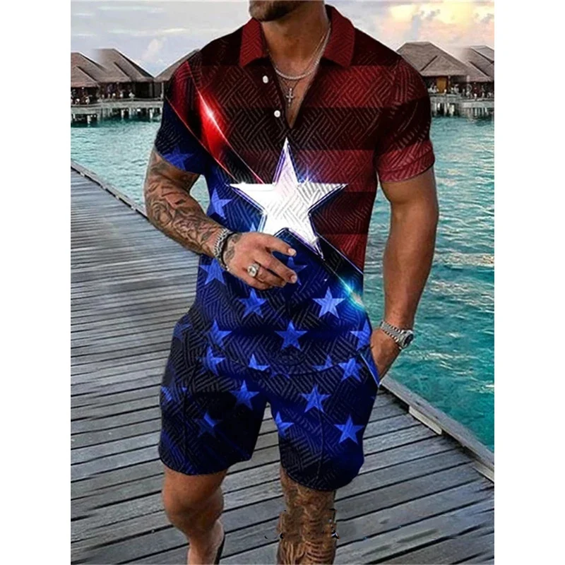 Conjunto de chándal con estampado 3D de bandera de águila americana para hombre, camiseta Polo con cremallera y pantalones cortos, ropa de calle de moda, 2 piezas