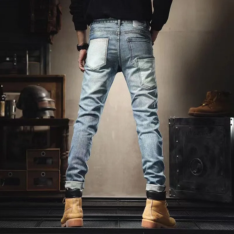 Men's Skinny Jeans, Youth Vitality, Male Streetwear, Denim Pencil Pants, Button Fly, Slim, Patch, Multi Pocket, Spring, Autumn