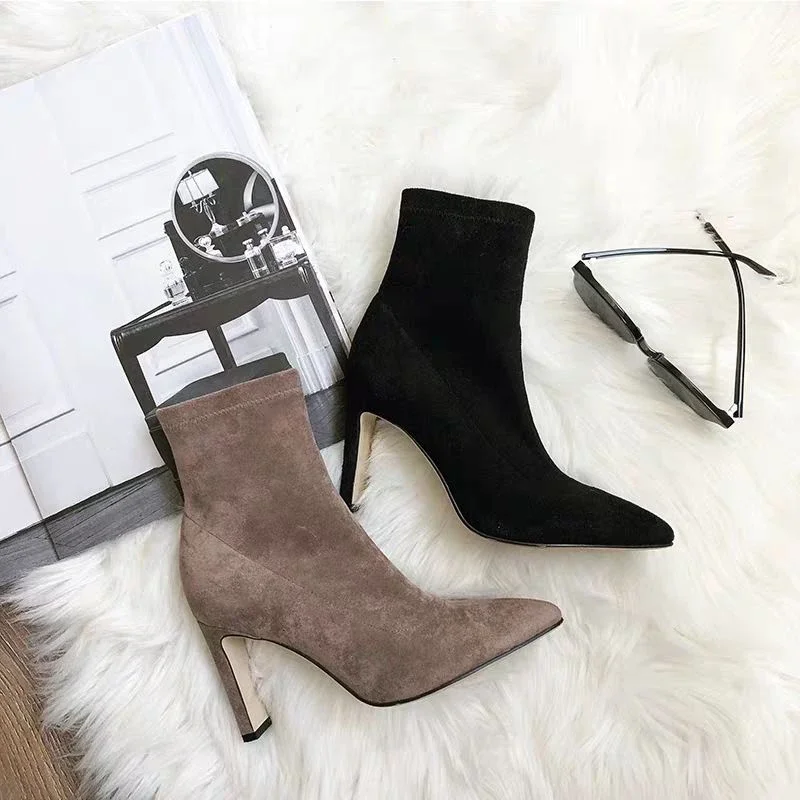 Black Faux Suede Mid Calf Boots Slip-On Zapatos Para Mujeres Stiletto Heels Ladies Bota Feminina Pointed Toe Women Shoes Winter