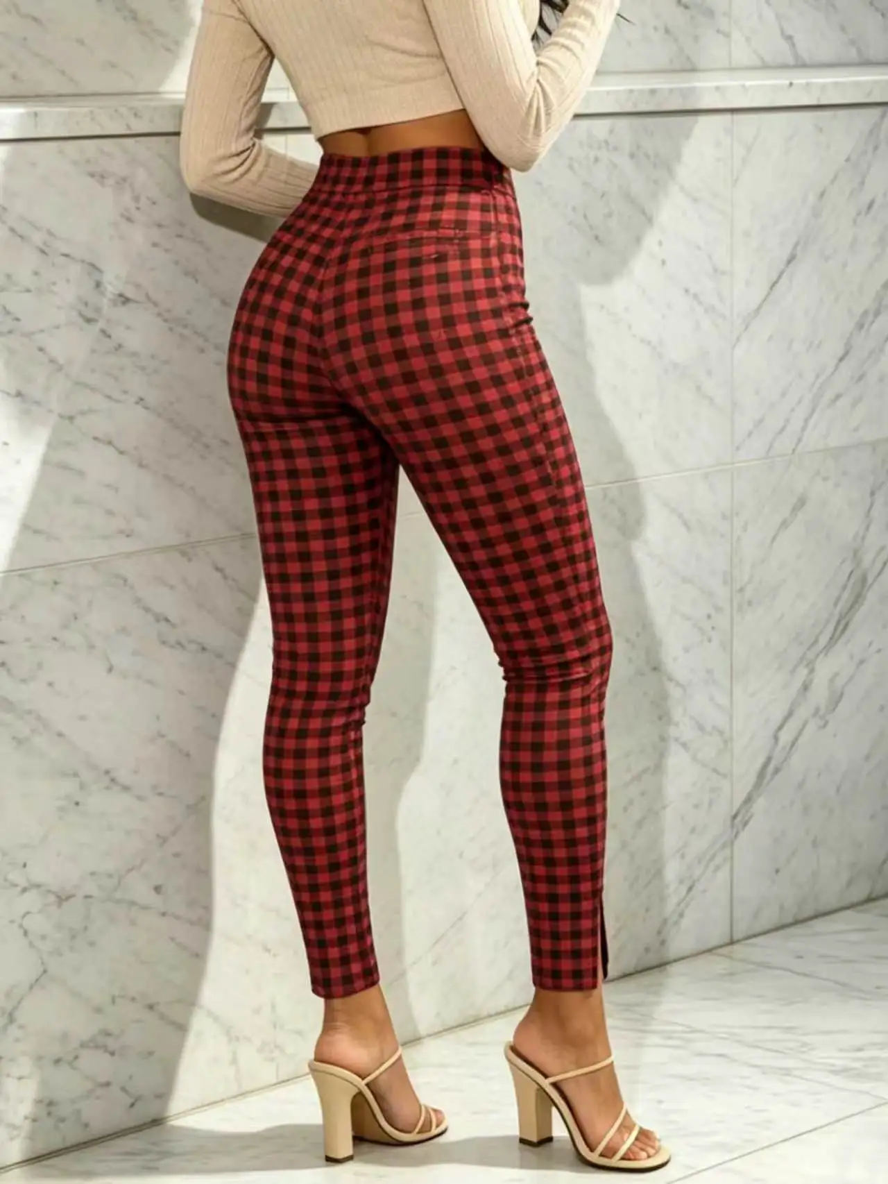 Casual Home-wear High-waisted Two-tone Checkered Printed Nine-inch Pants Suitable For Outings And Versatile As A Tight Base Pant