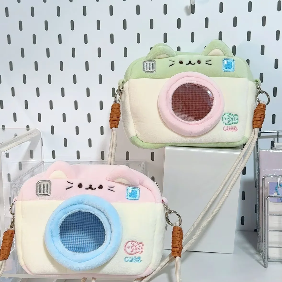 Sweet Cute Cat Camera Shoulder Bag for Women Cartoon Plush Soft Color Block Crossbody Small Purse Student Ladies Square Bag
