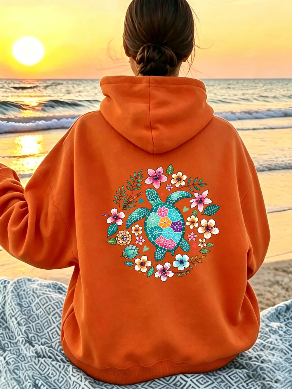 Sea Turtle Tropical Hibiscus Flowers Prints Hoodie Women Winter Fleece Warm Tops Casual Pocket Sweatshirts Basics Soft Clothes