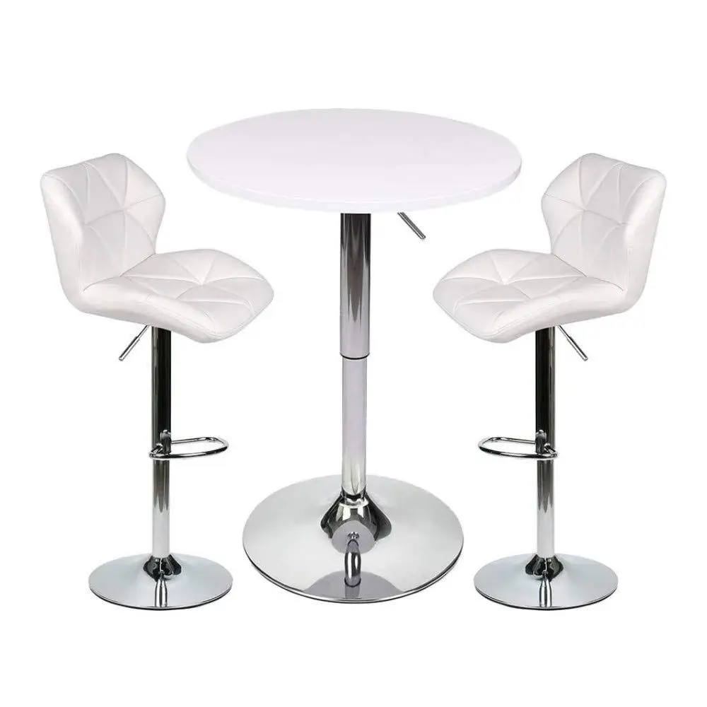 

Bar Table and Chairs Set of 3 White Heigh Adjustable Round Pub Desk and 2 Swivel White Counter Height Barstools for Dining Room