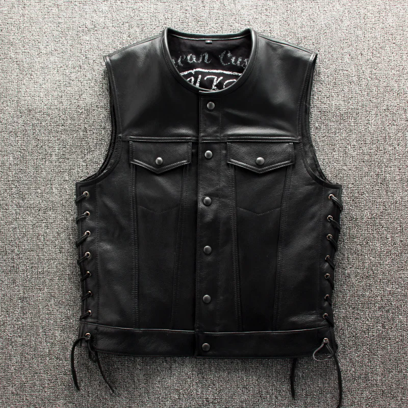 DHL Free Shipping Men 100% Cowhide Leather Motorcycle Vest Slim Biker Leather Vests Men's Designer Spring and Autumn Vest