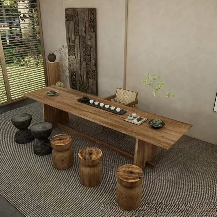 Wabi Silent Wind Old Elm Tea Table and Chair Combination Household Old Elm Solid Wood Large Board Table Homestay